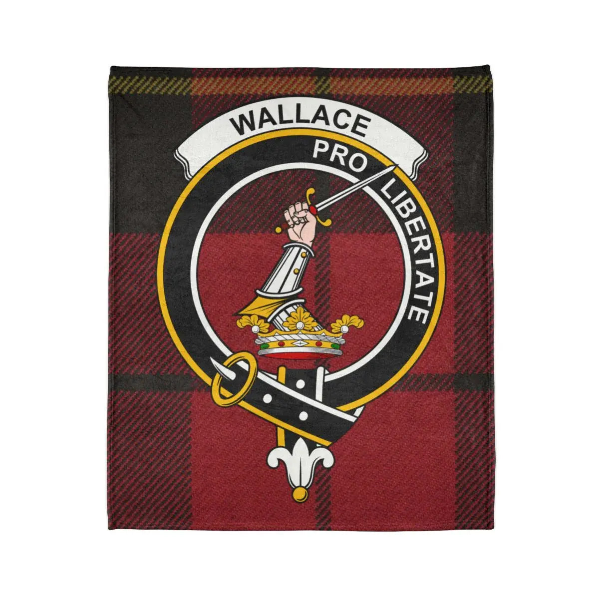 Clan Wallace pro libertate tartan blanket design — crest detail on polyester throw