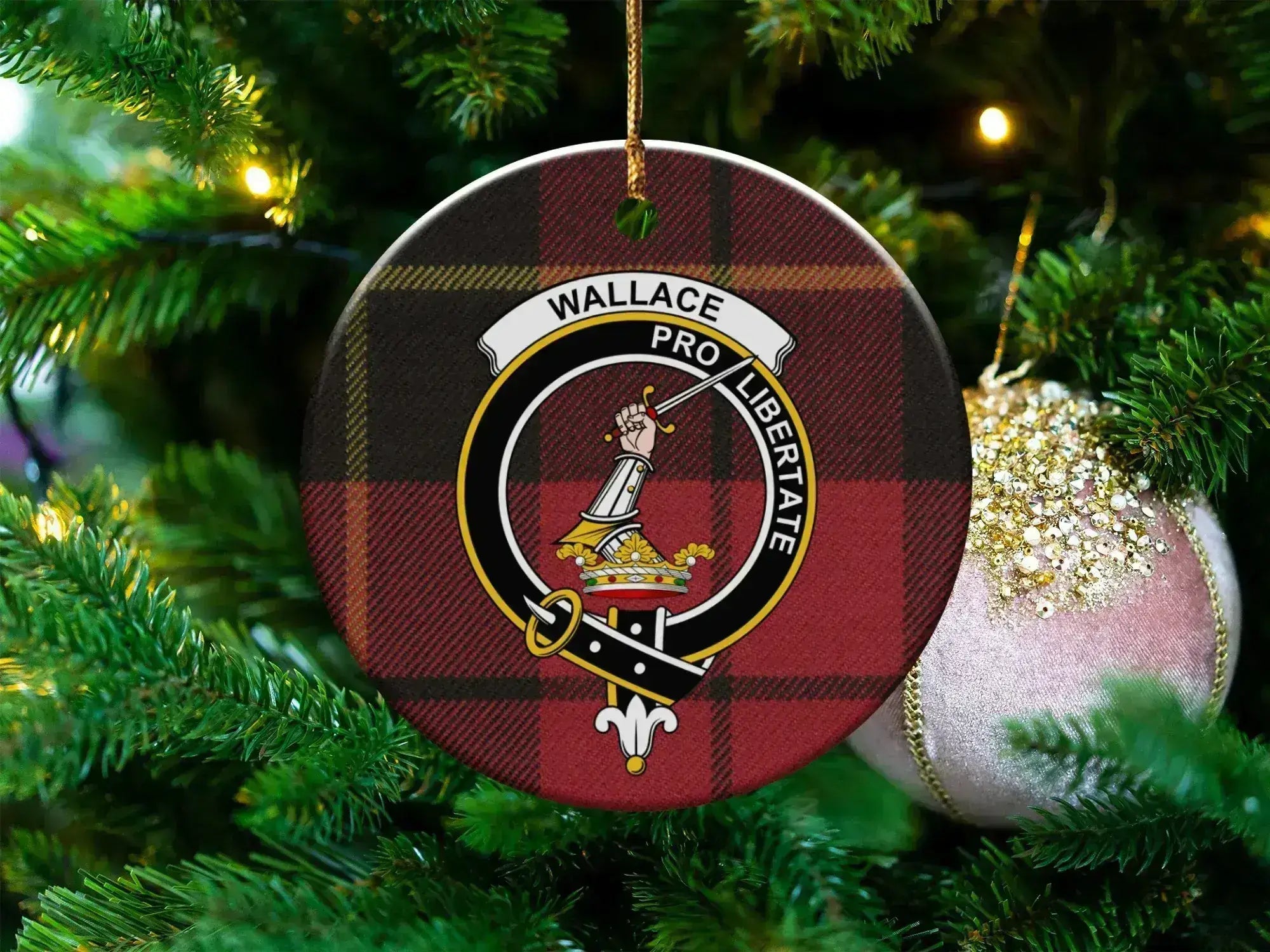 Clan Wallace pro libertate clan badge Christmas ornament — 3 inch, double-sided with gold string