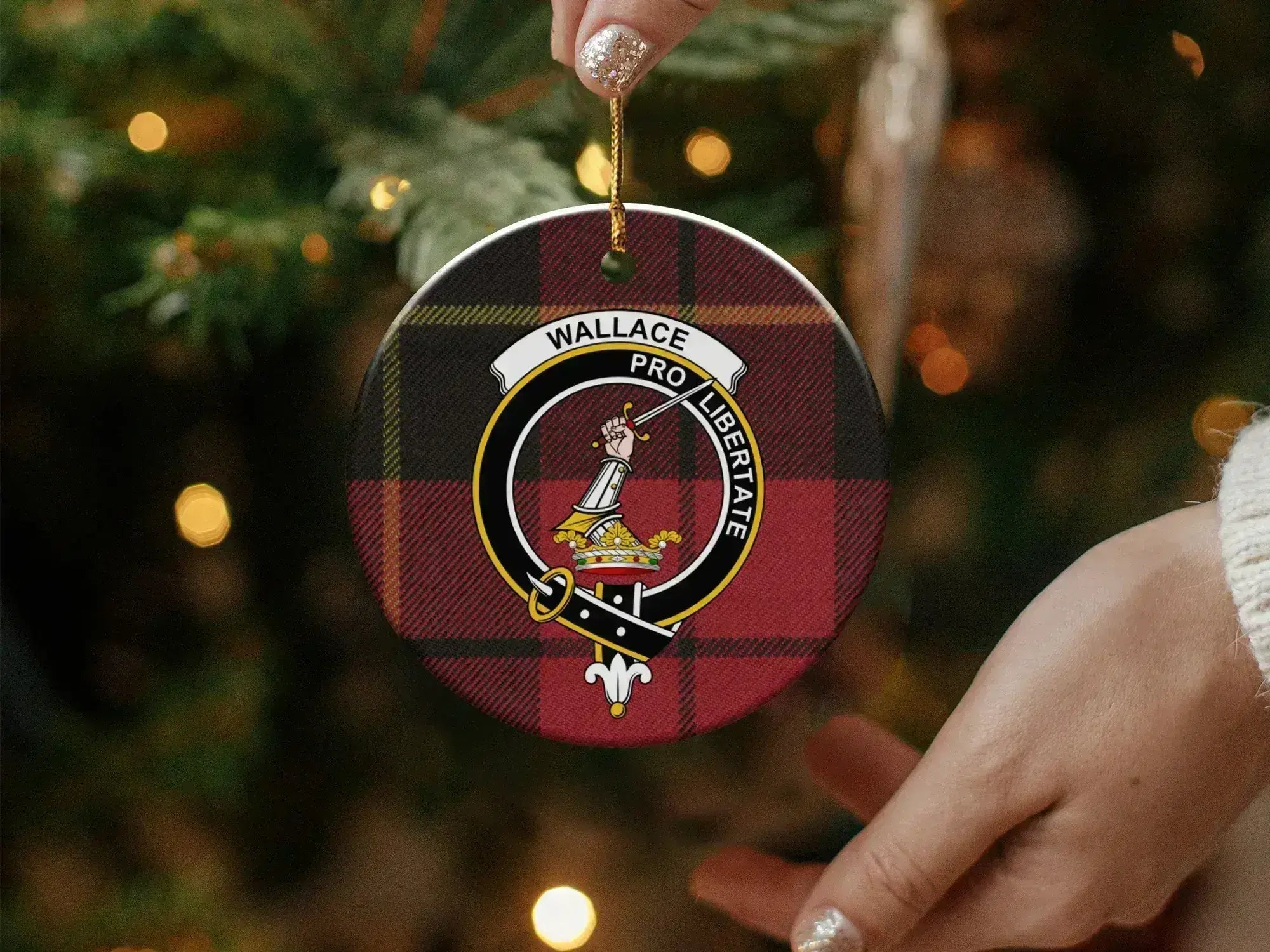 Clan Wallace pro libertate tartan design ornament — round ceramic, gold string