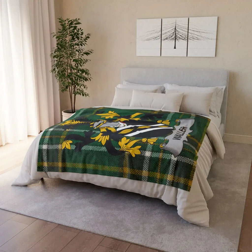 Plaid Green Blanket with Floral Design 62x84 Blanket