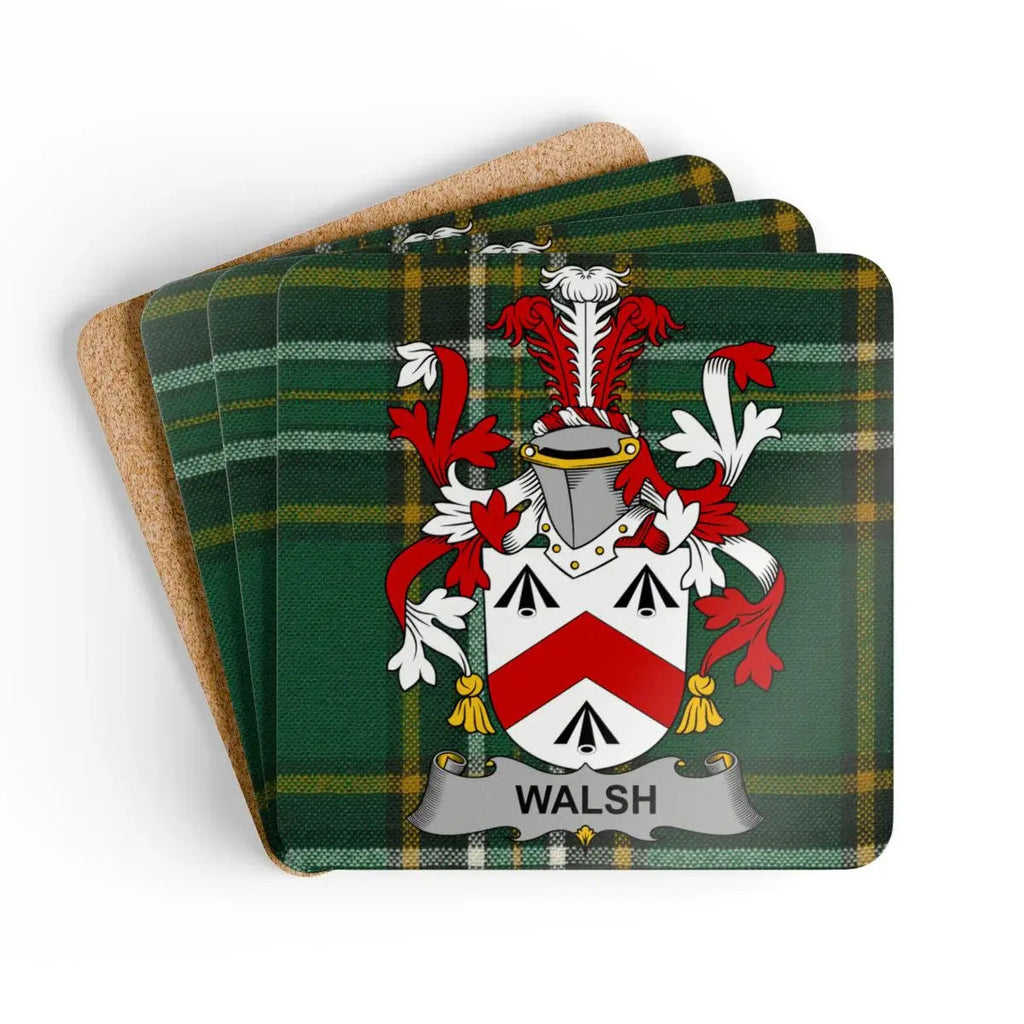 Walsh Irish family crest coaster set on the Irish National Tartan