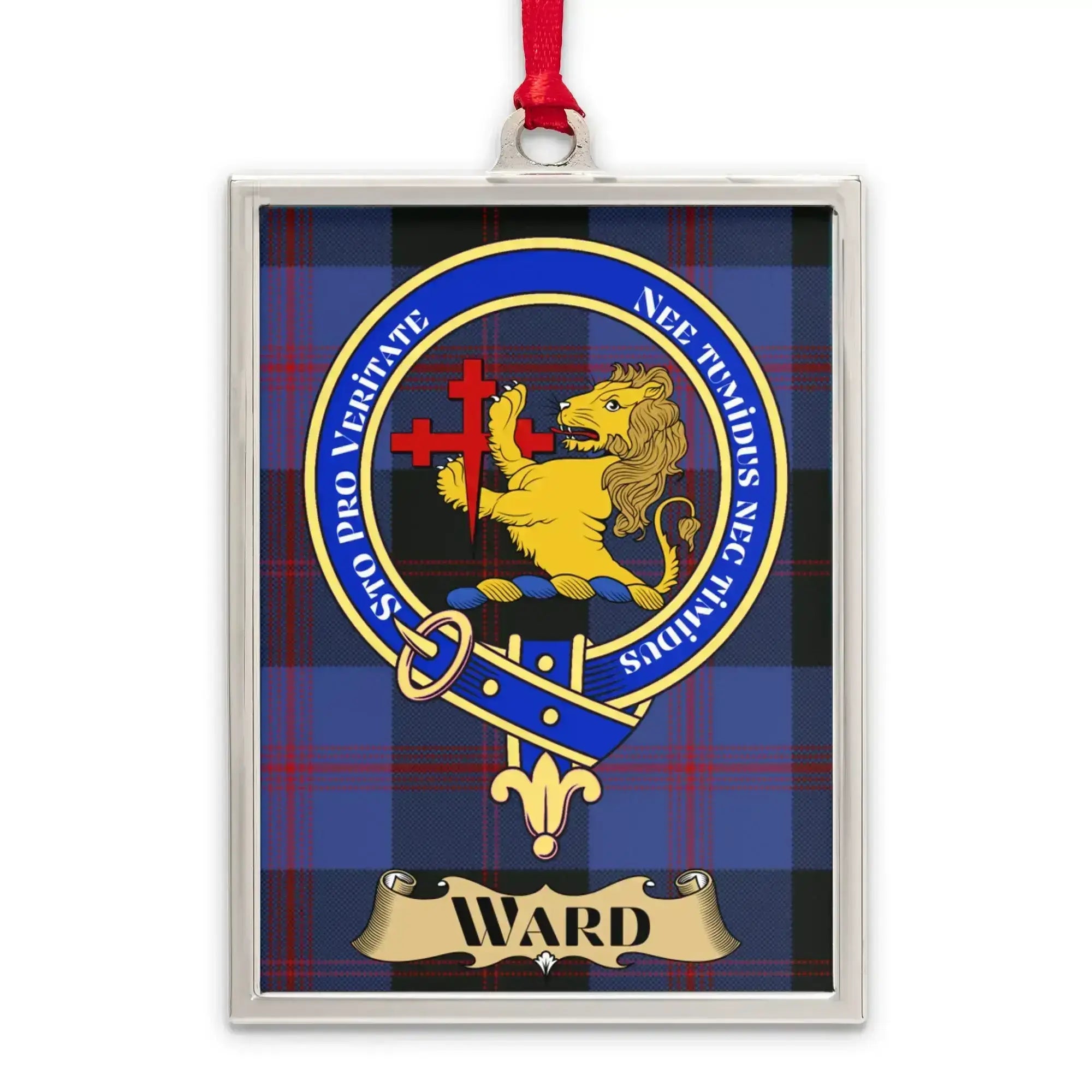 Ward tartan-background crest ornament shown as a Scottish heritage keepsake gift