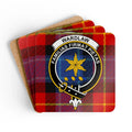 Clan Wardlaw familias firmat pietas tartan coasters — glossy cork, 3.75 inch square