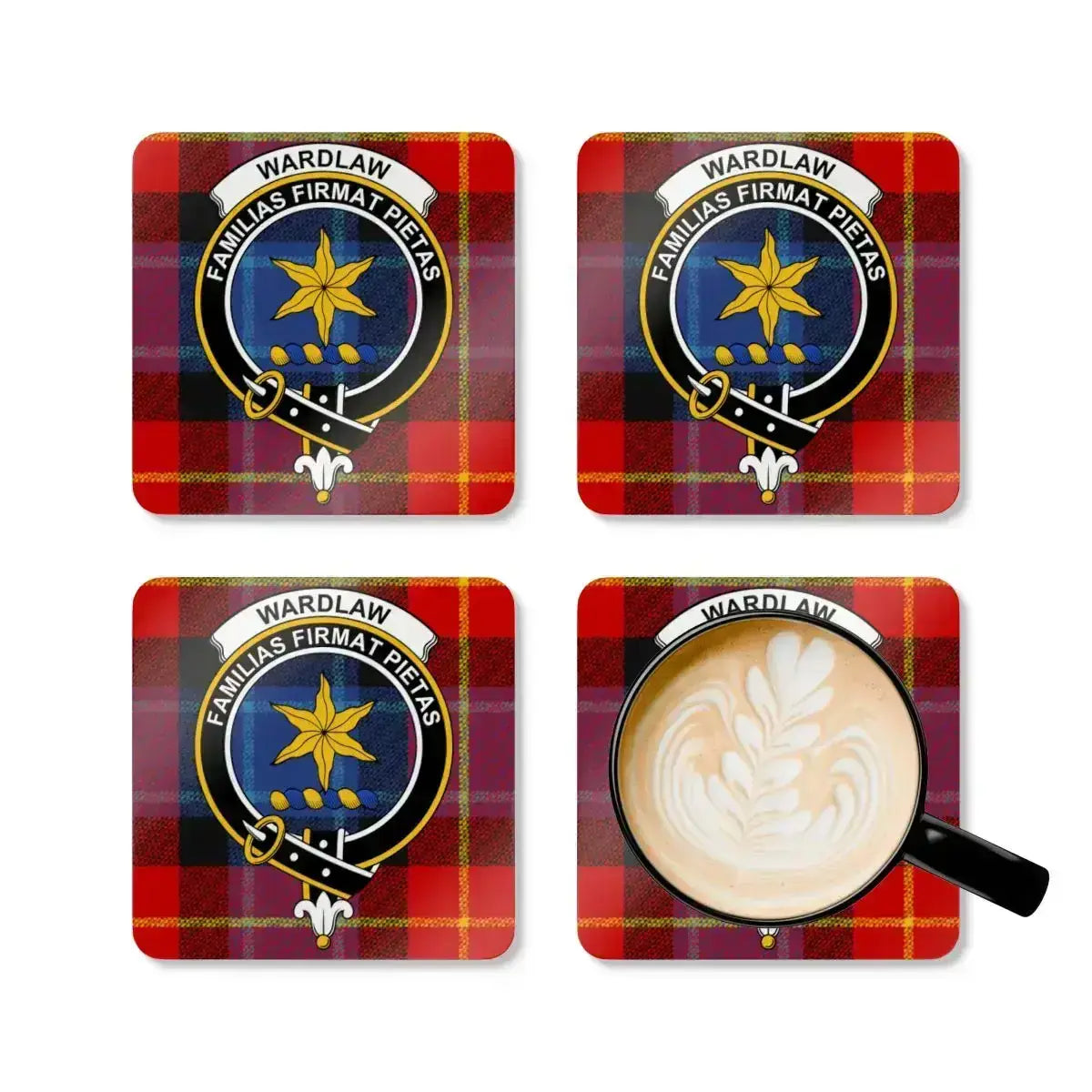 Wardlaw clan tartan crest coasters set of four — cork base