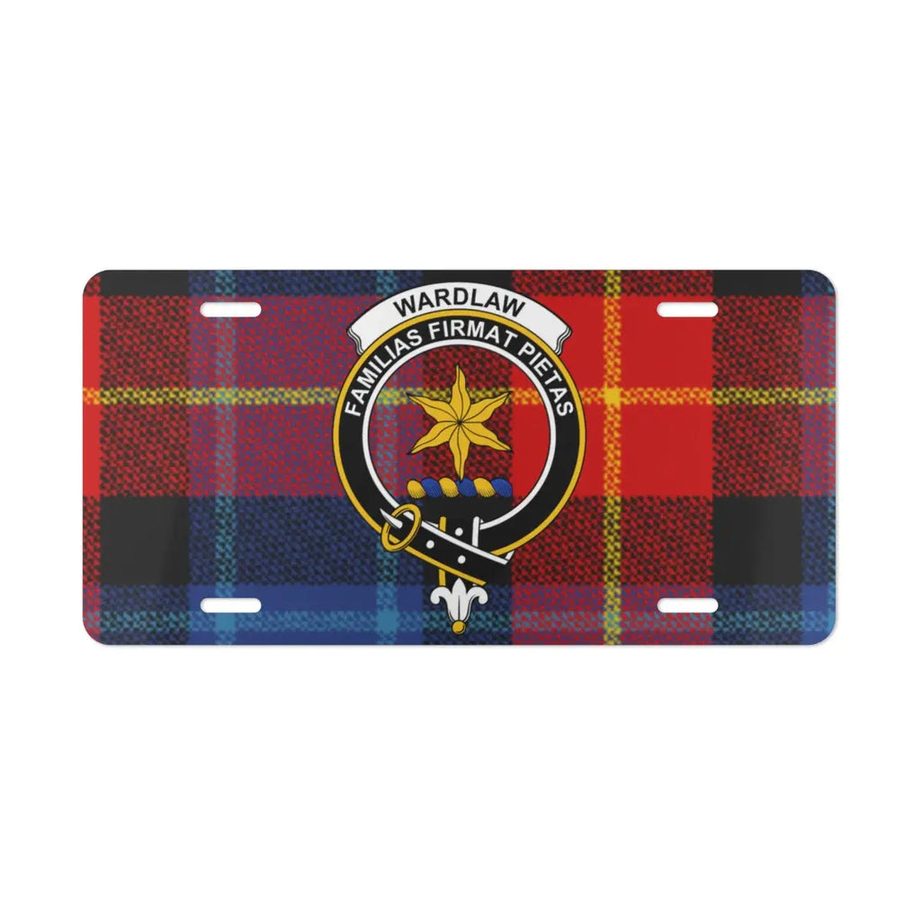 Wardlaw red blue and black plaid tartan crest license plate — vivid clan design