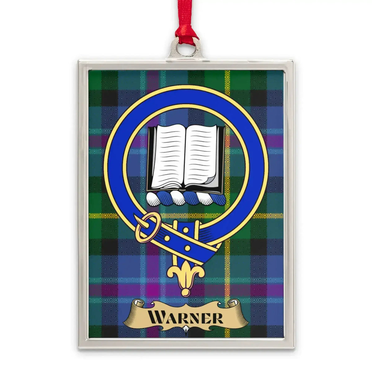 Warner tartan-background crest ornament shown as a Scottish heritage keepsake gift