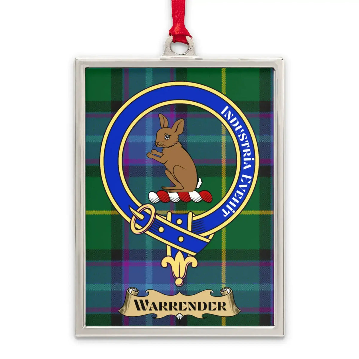 Warrender tartan-background crest ornament shown as a Scottish heritage keepsake gift