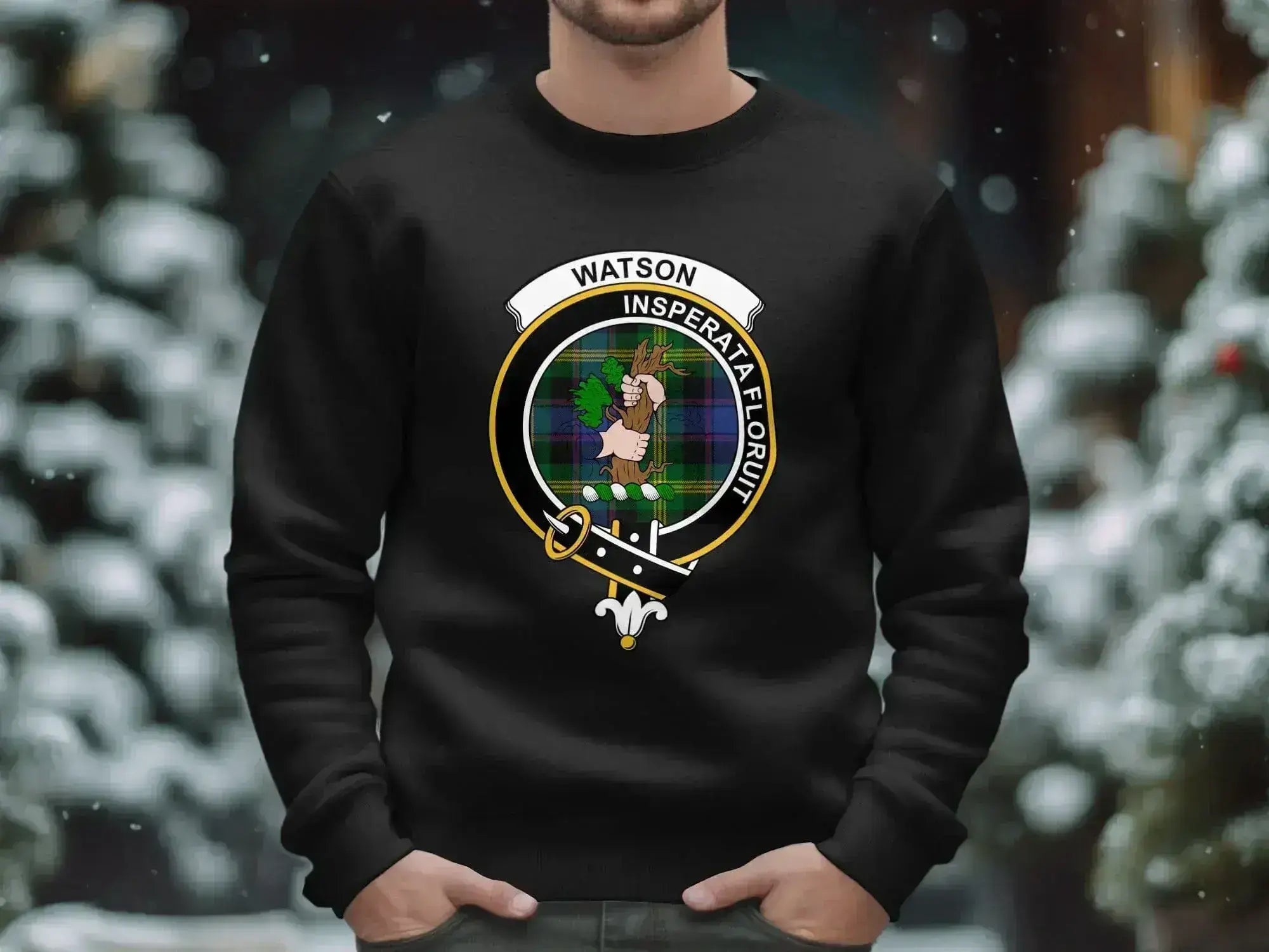 Watson tartan crest crewneck sweatshirt — Scottish clan design with ribbed cuffs