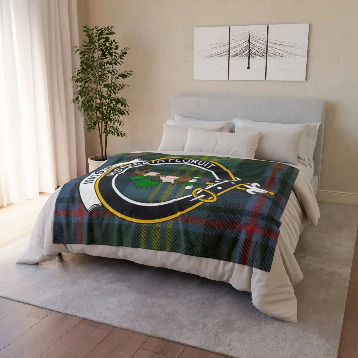 Watson clan tartan throw draped on a sofa — lightweight printed plaid with crest