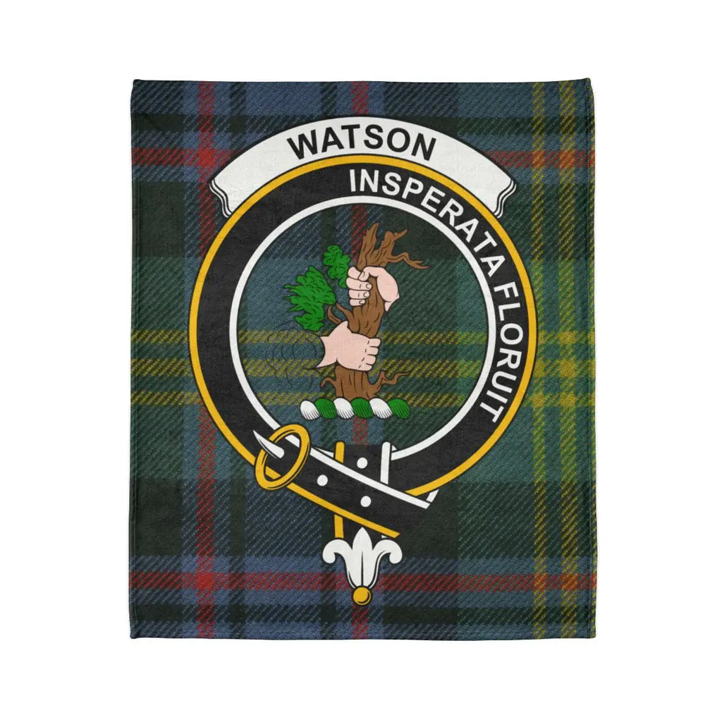Watson tartan throw blanket — clan crest and Insperata Floruit motto, fade-resistant print