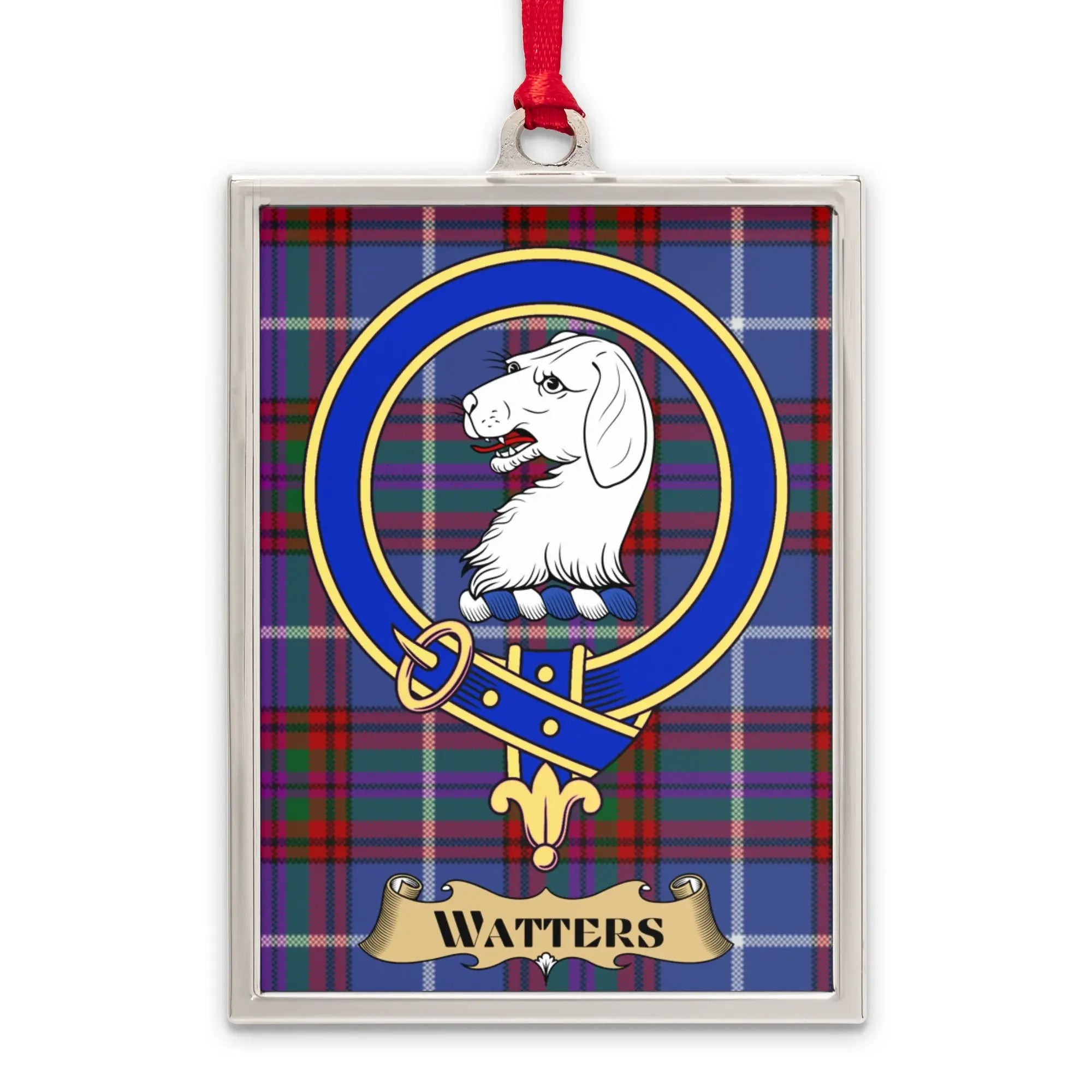 Watters tartan-background crest ornament shown as a Scottish heritage keepsake gift