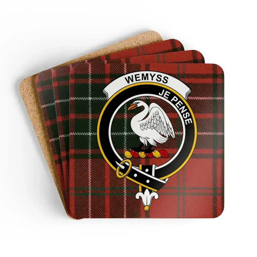 Clan Wemyss je pense Scottish tartan drink coasters — glossy cork, 3.75 inch square