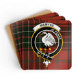 Clan Wemyss je pense Scottish tartan drink coasters — glossy cork, 3.75 inch square