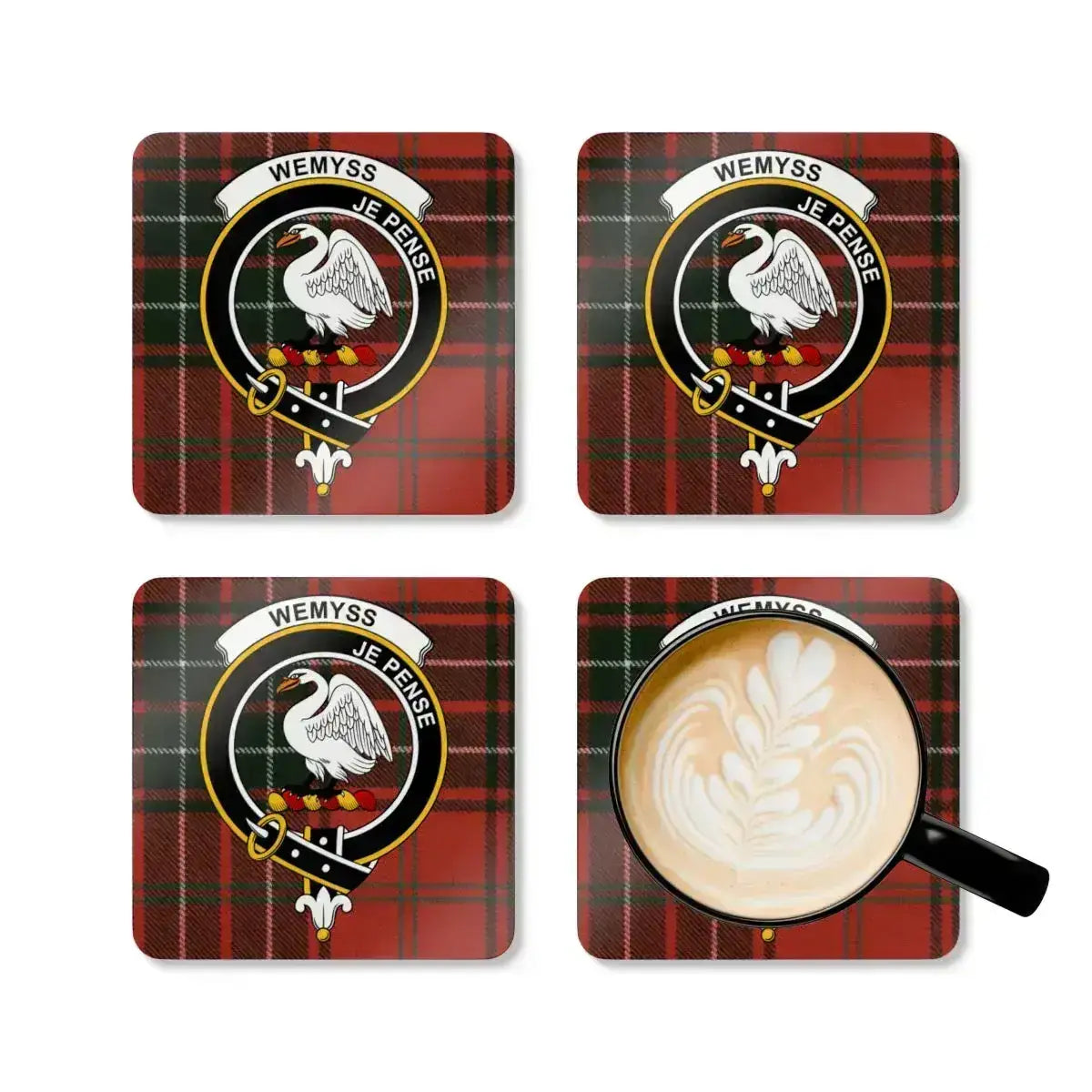 Wemyss je pense plaid pattern drink coasters — set view, cork base