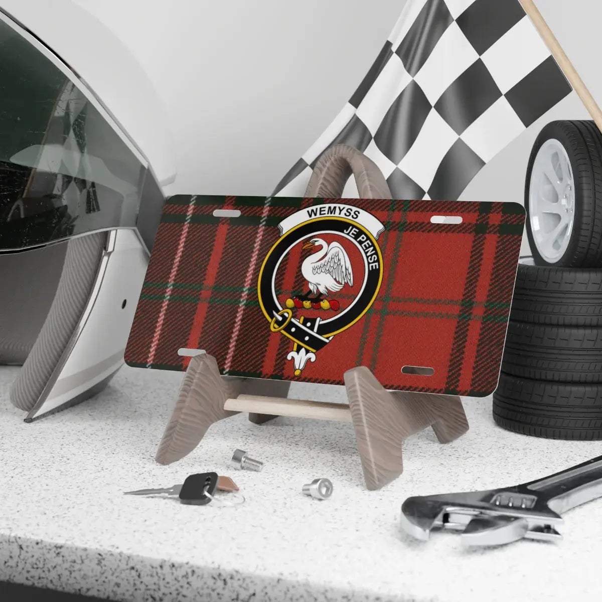 Scottish clan Wemyss tartan personalised license plate — swan crest design