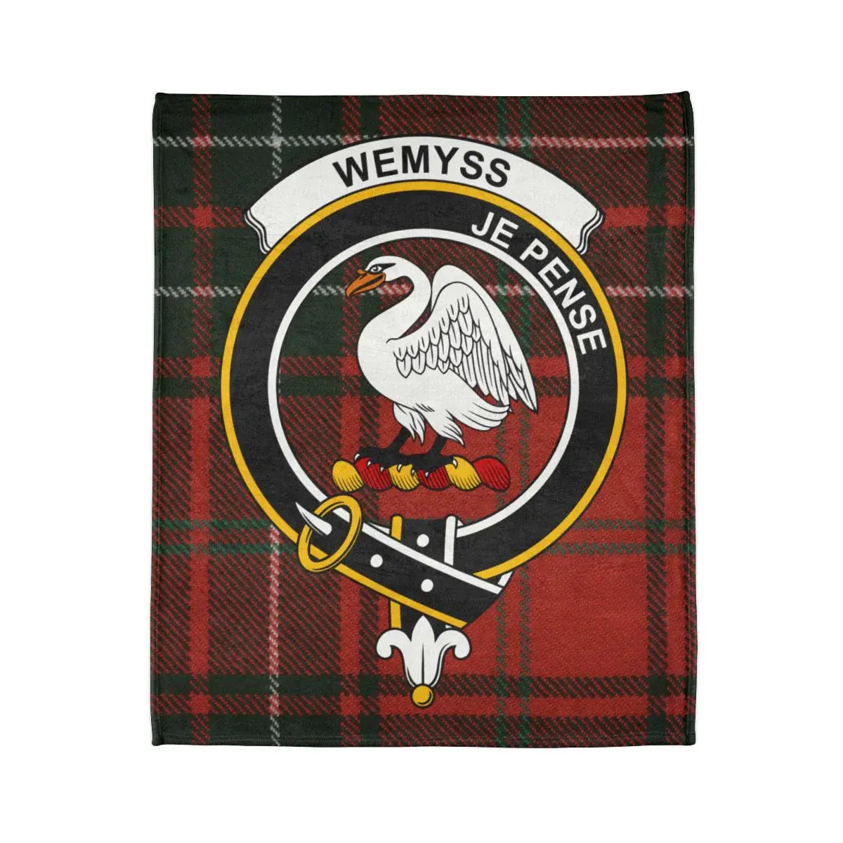 Wemyss family crest emblem on tartan background blanket — swan crest detail