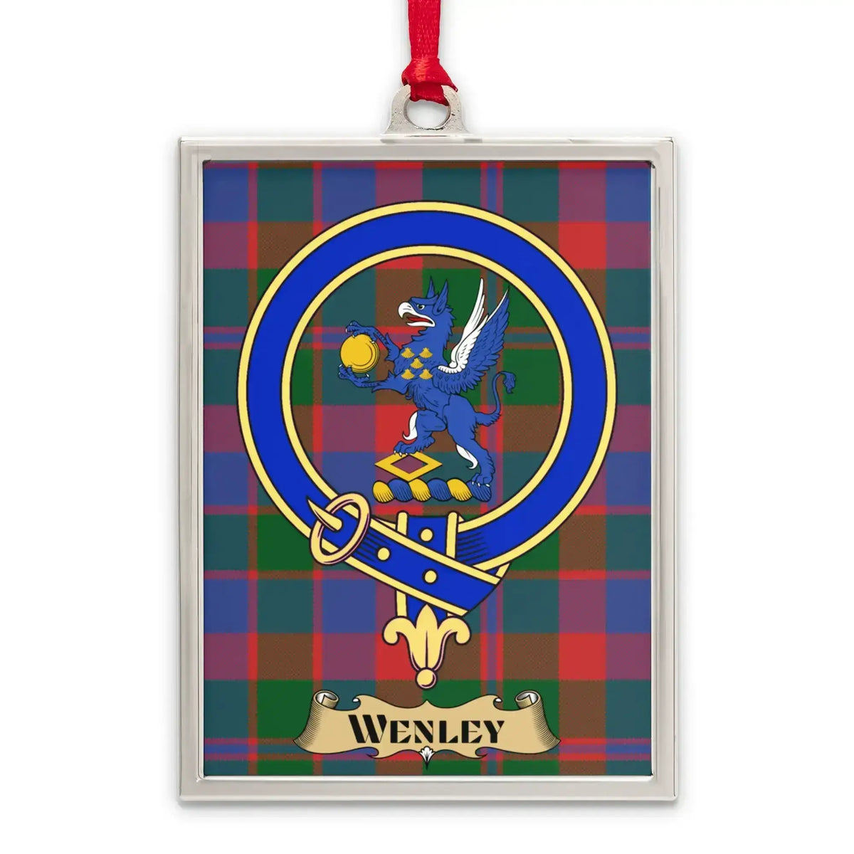 Wenley tartan-background crest ornament shown as a Scottish heritage keepsake gift