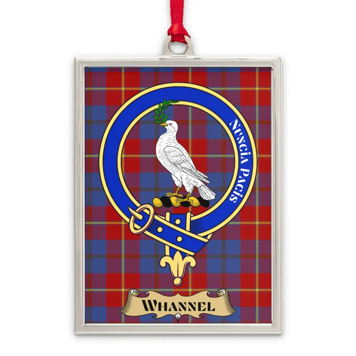Whannel tartan-background crest ornament shown as a Scottish heritage keepsake gift