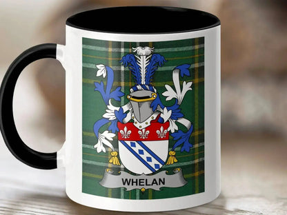 White and black ceramic mug with Whelan family crest on green tartan background