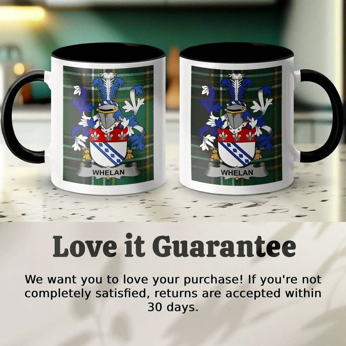 Two black-handle mugs with Whelan family crest on green plaid background on white countertop