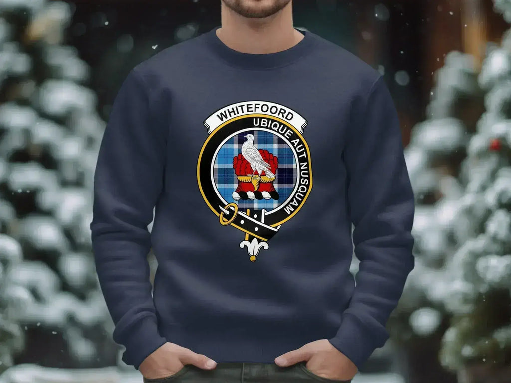 Whitefoord clan crest sweatshirt with Ubique Aut Nusquam motto and tartan design