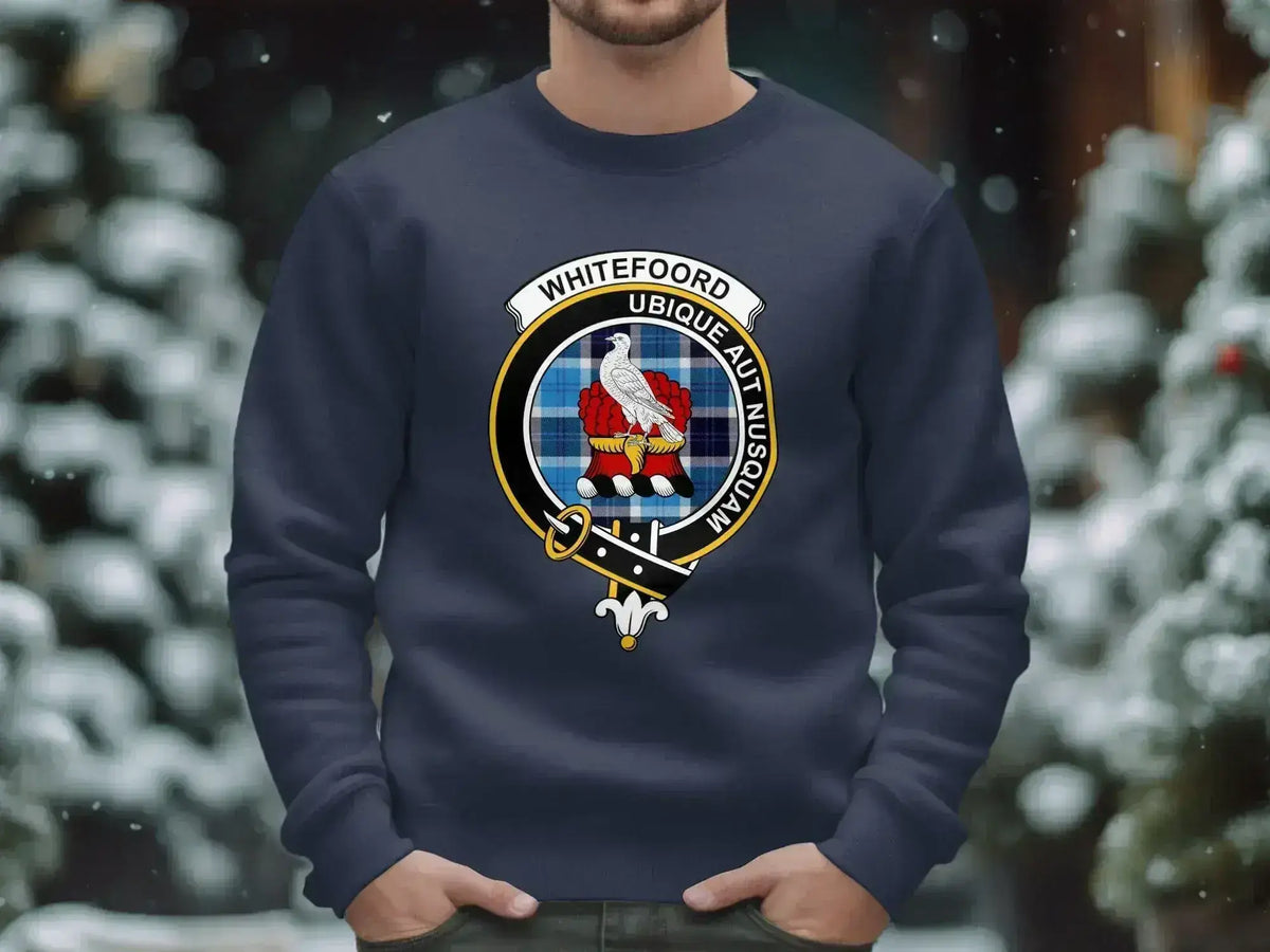 Whitefoord clan crest sweatshirt with Ubique Aut Nusquam motto and tartan design