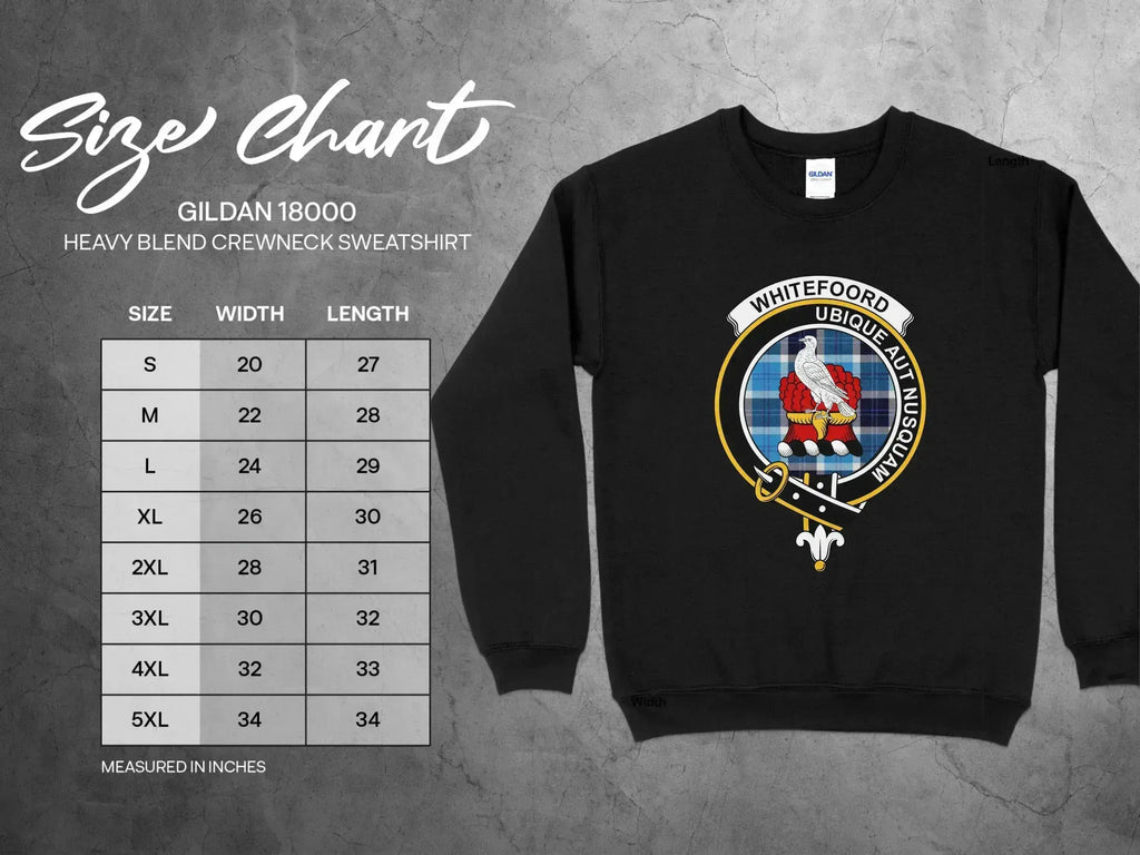 Whitefoord clan crest crewneck sweatshirt with Ubique Aut Nusquam motto and tartan design