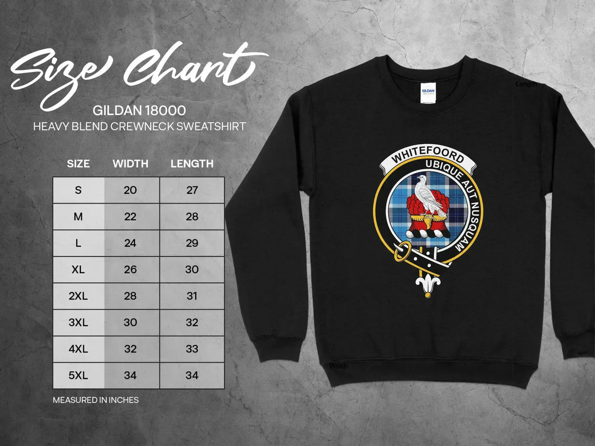 Whitefoord clan crest crewneck sweatshirt with Ubique Aut Nusquam motto and tartan design