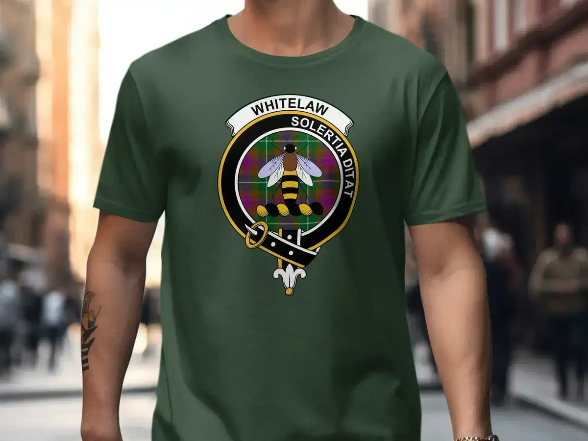 Whitelaw clan crest T-shirt with Solertia Ditat motto and tartan design