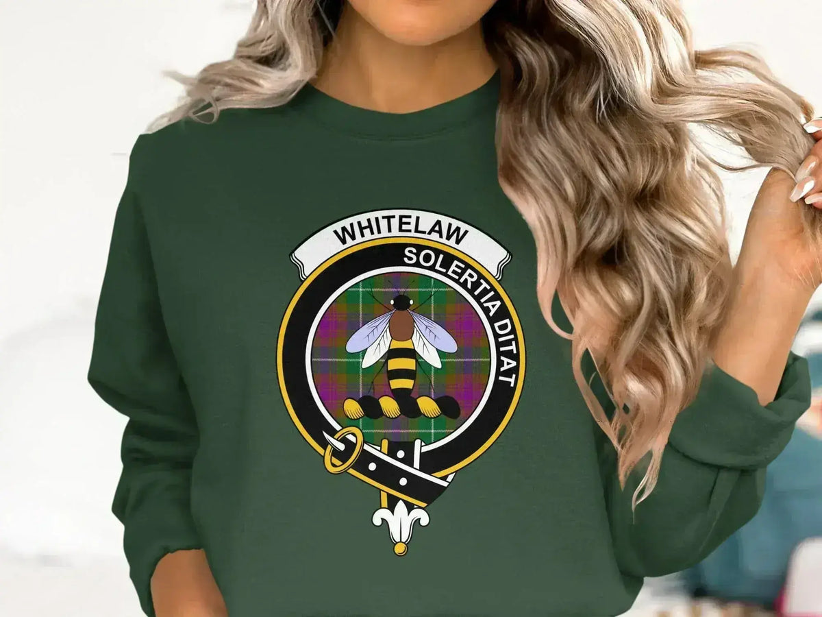 Whitelaw clan crest sweatshirt with Solertia Ditat motto and tartan design