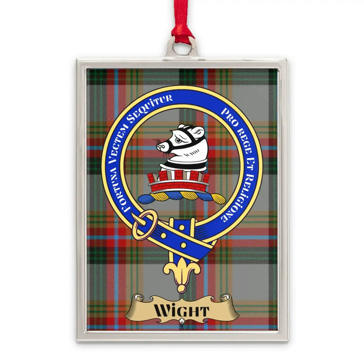 Wight tartan-background crest ornament shown as a Scottish heritage keepsake gift
