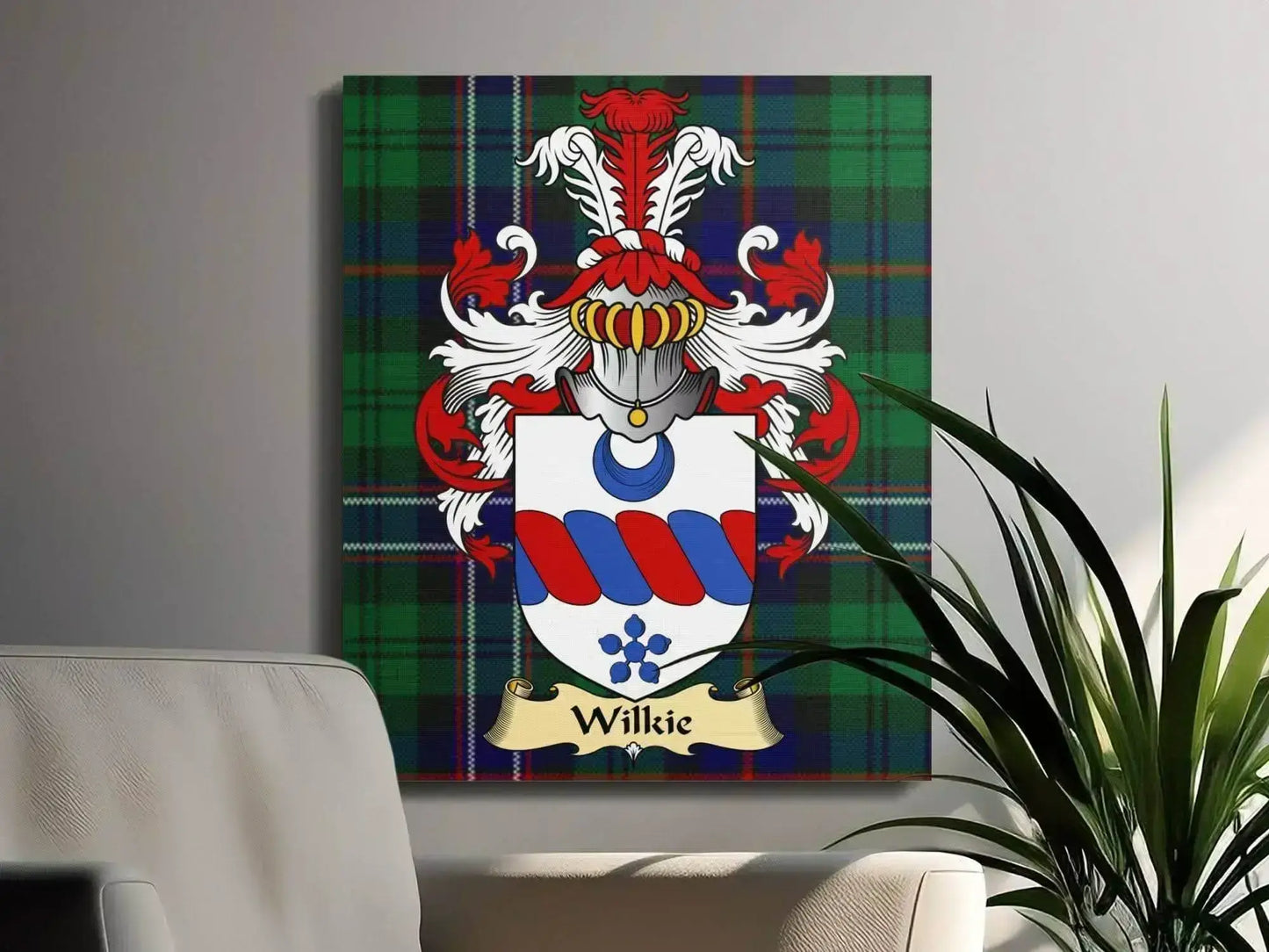 Wilkie clan coat of arms on canvas wrap with green tartan background in modern living room