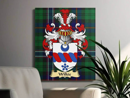 Wilkie clan coat of arms on canvas wrap with green tartan background in modern living room