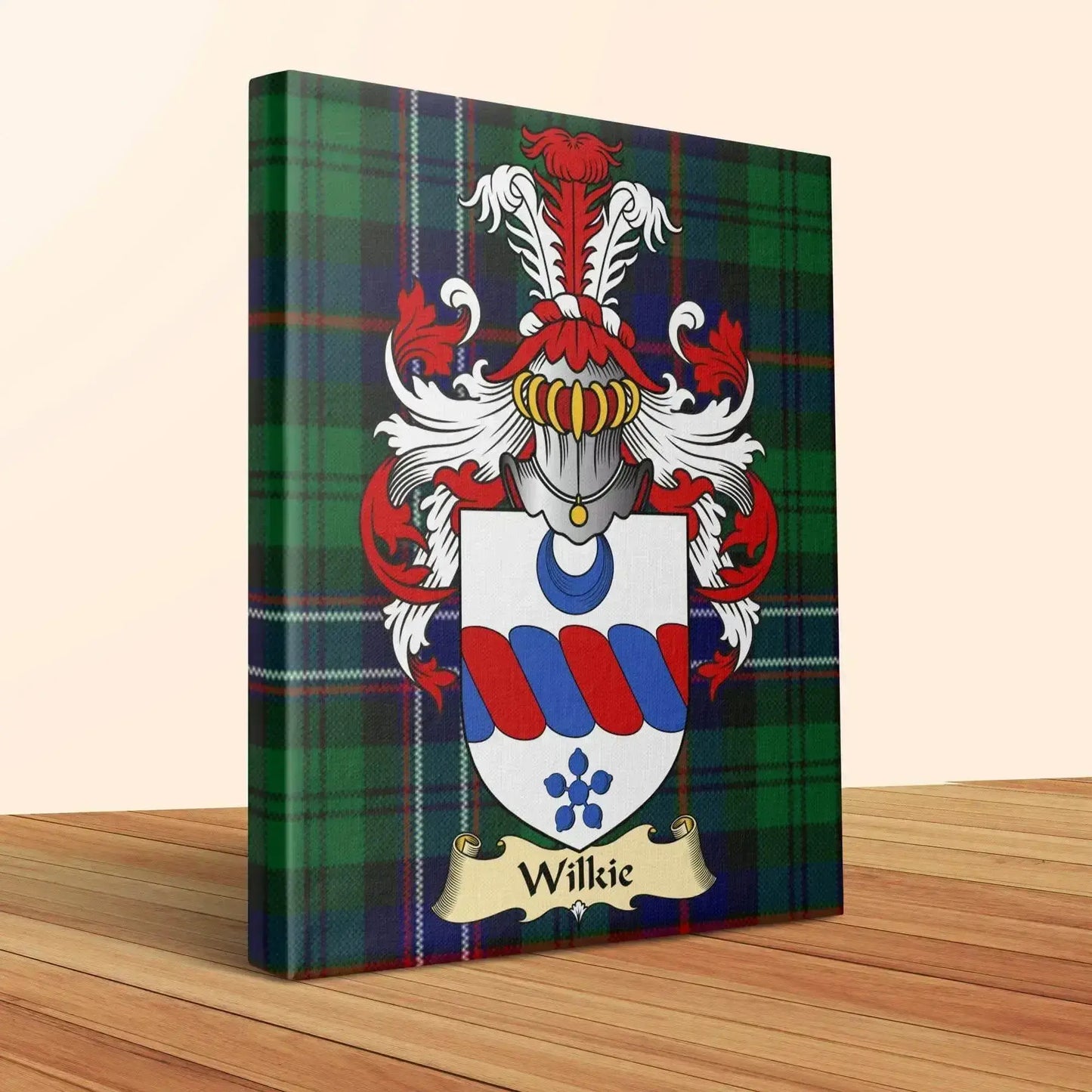 Wilkie clan coat of arms with red, blue, and white shield on green tartan canvas wrap