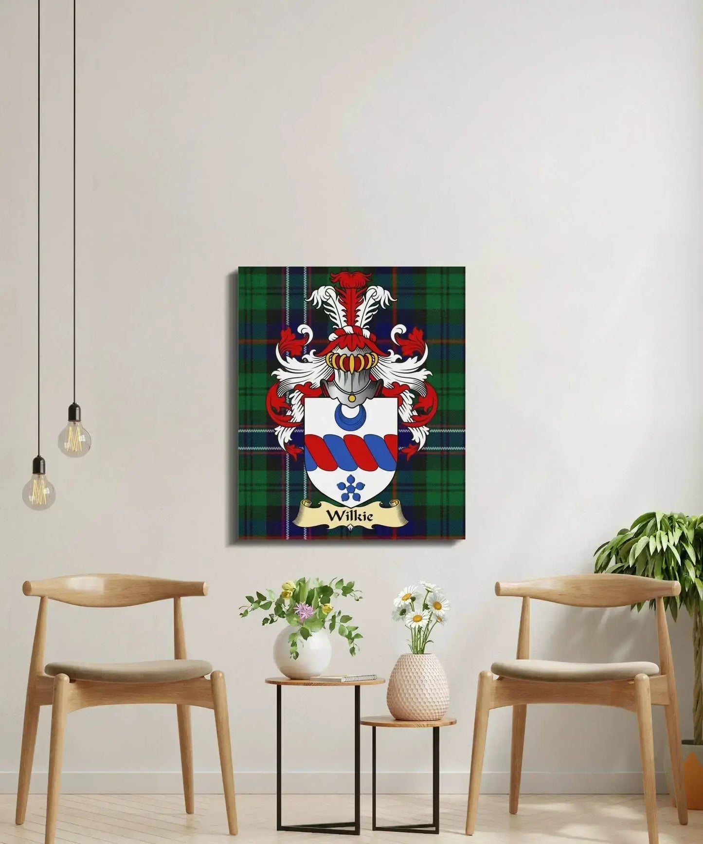 Wilkie clan coat of arms with red, blue, and white shield on green tartan canvas in modern living room