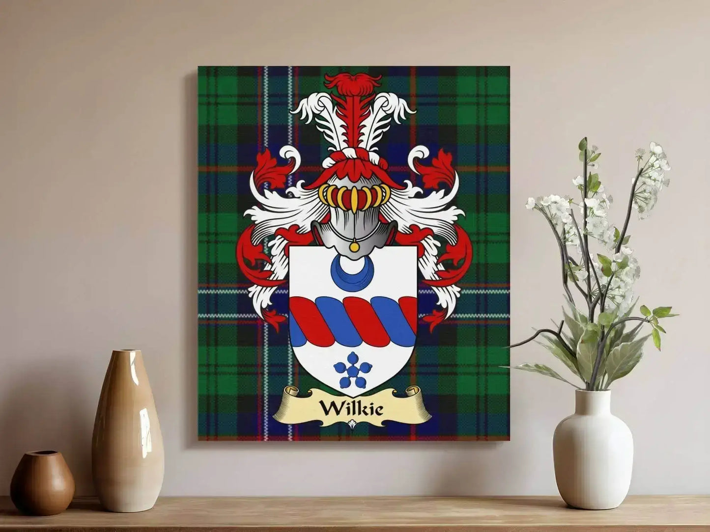 Wilkie clan coat of arms on tartan canvas wrap displayed on beige wall with decorative vases
