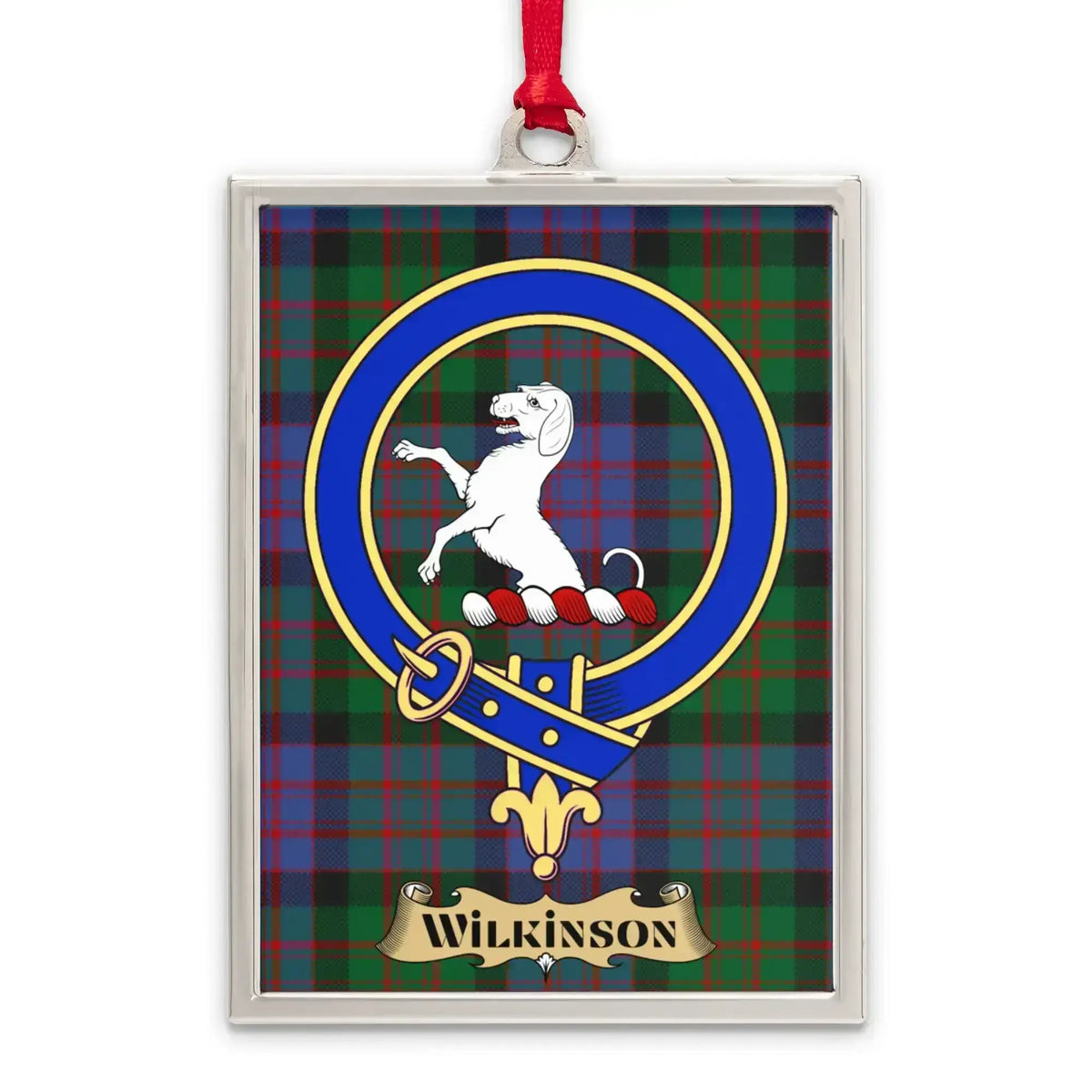 Wilkinson tartan-background crest ornament shown as a Scottish heritage keepsake gift