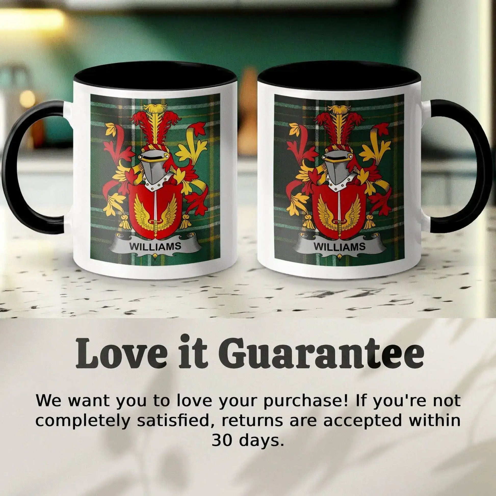 Two white mugs with black handles featuring a red and yellow Williams family crest on green plaid background