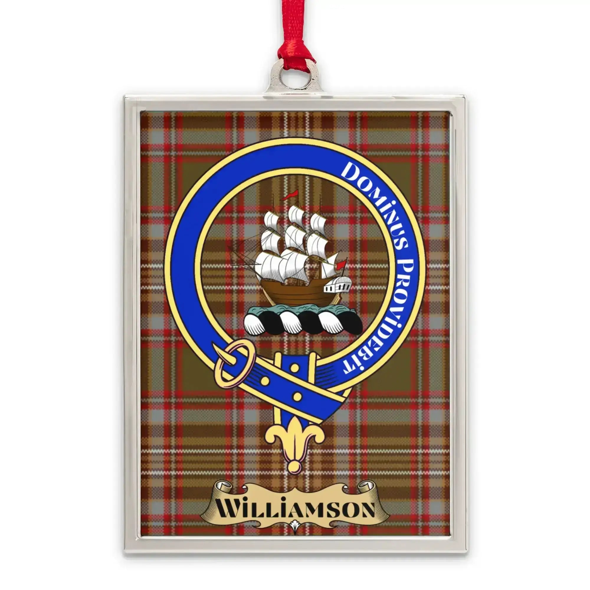 Williamson tartan-background crest ornament shown as a Scottish heritage keepsake gift