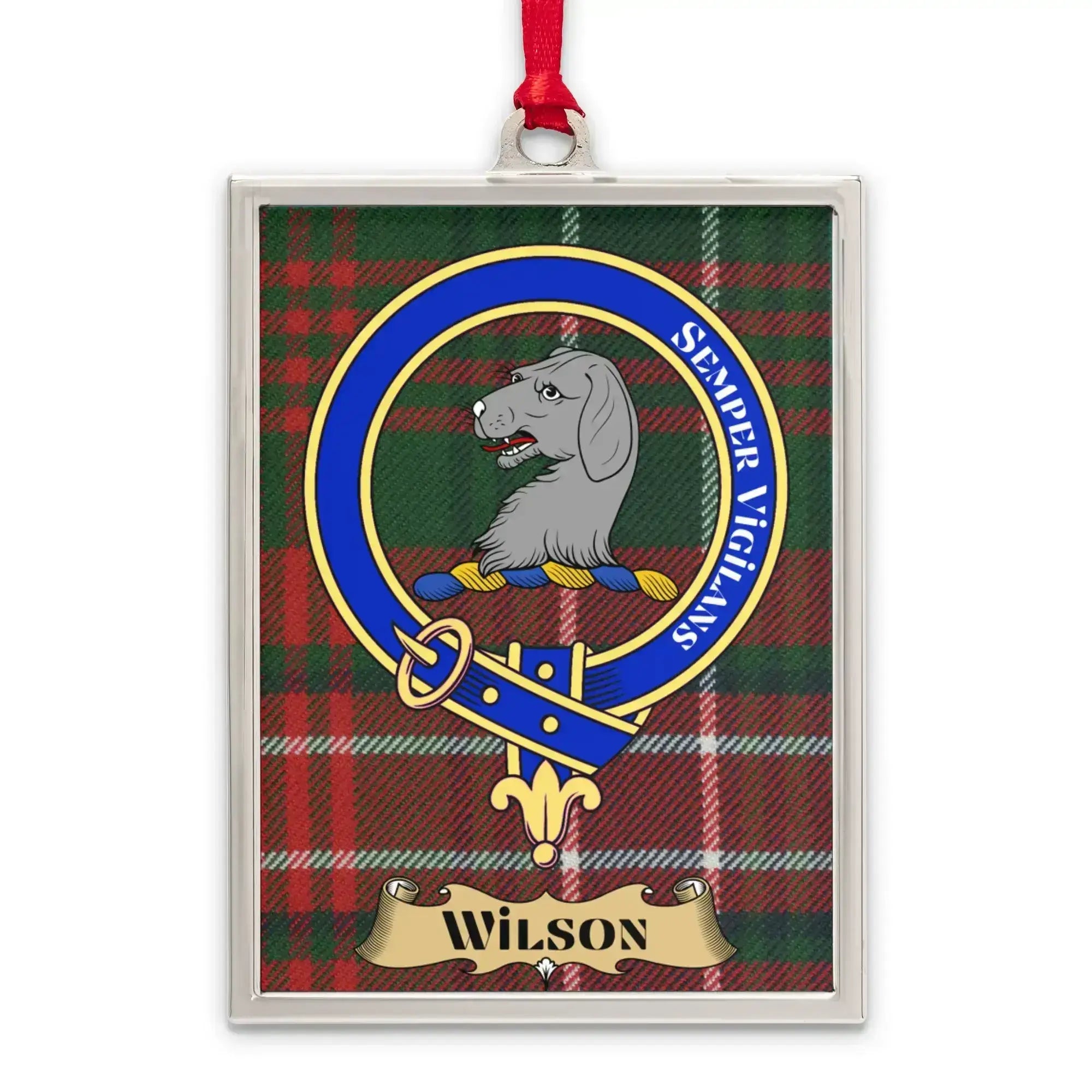 Wilson tartan-background crest ornament shown as a Scottish heritage keepsake gift