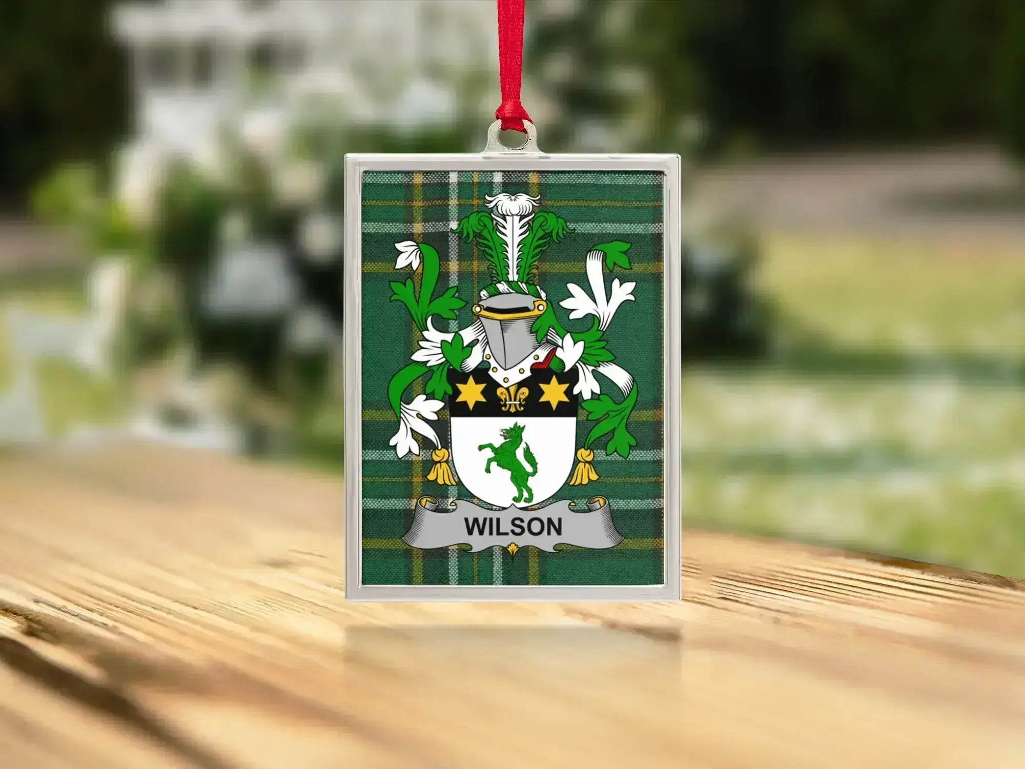 Wilson Family Coat of Arms Green Plaid Hanging product