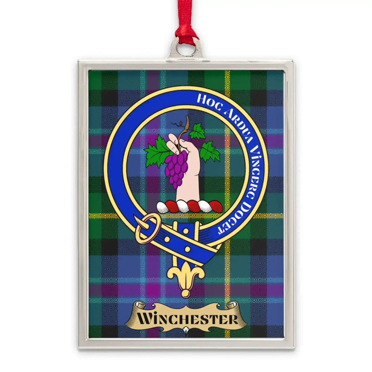 Winchester tartan-background crest ornament shown as a Scottish heritage keepsake gift