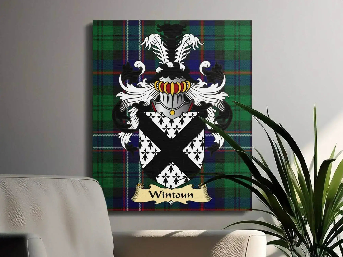 Wintoun clan coat of arms with black and white shield on green and blue tartan canvas in living room