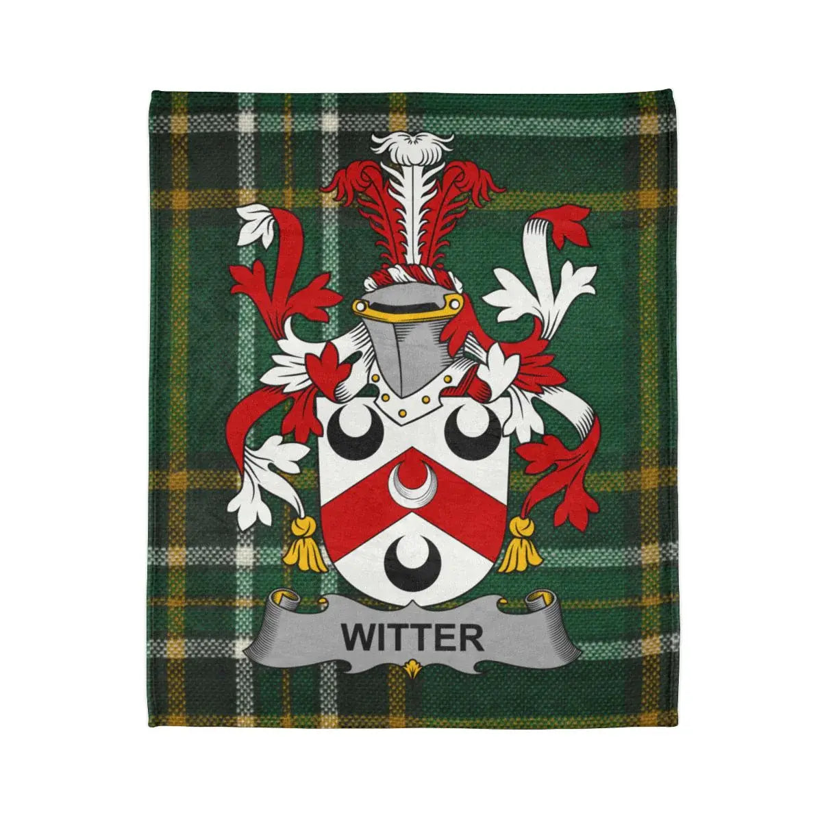 Witter Family Crest on Green Tartan Blanket