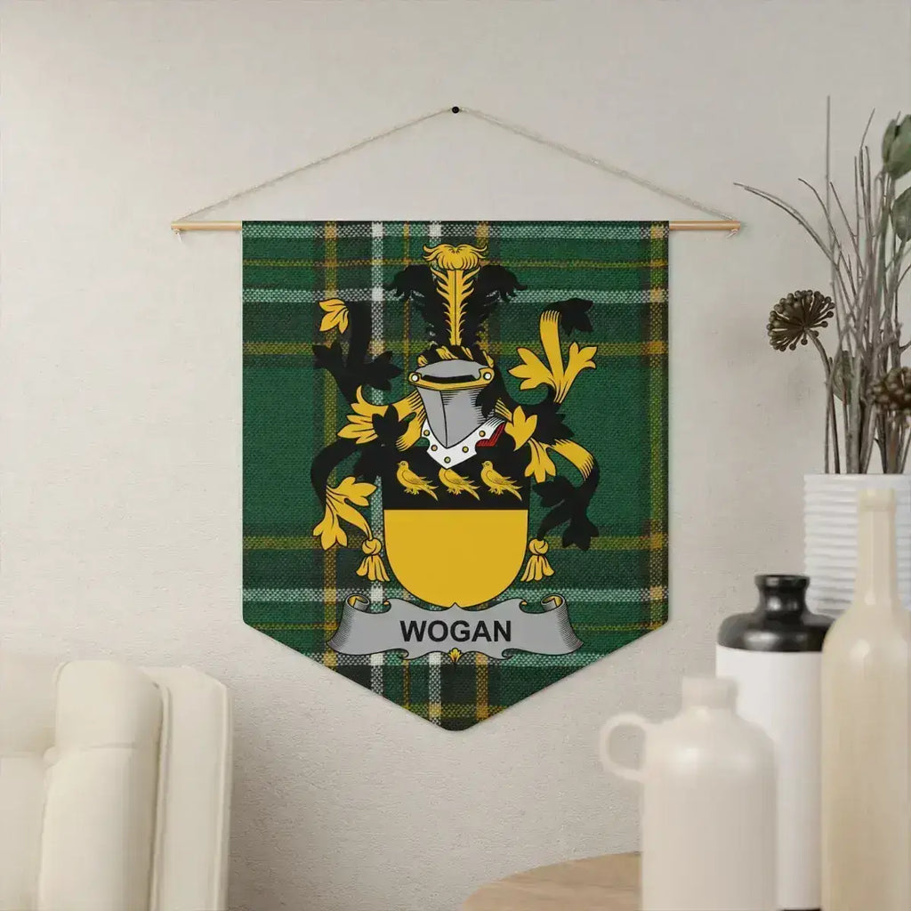 Wogan Irish family crest wall pennant — crest on the Irish national tartan
