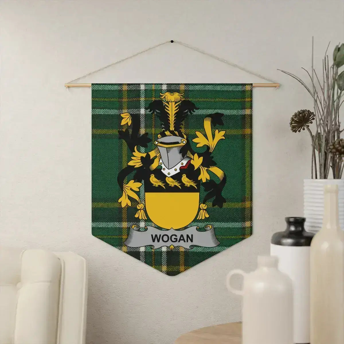 Wogan Irish family crest wall pennant — crest on the Irish national tartan