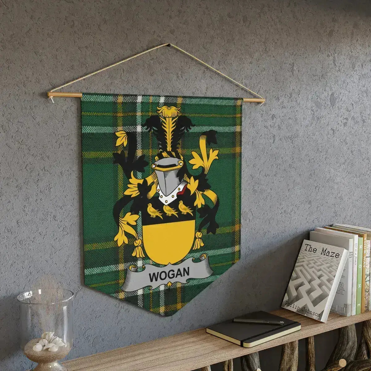 Wogan Irish family crest wall pennant — tartan wall hanging display