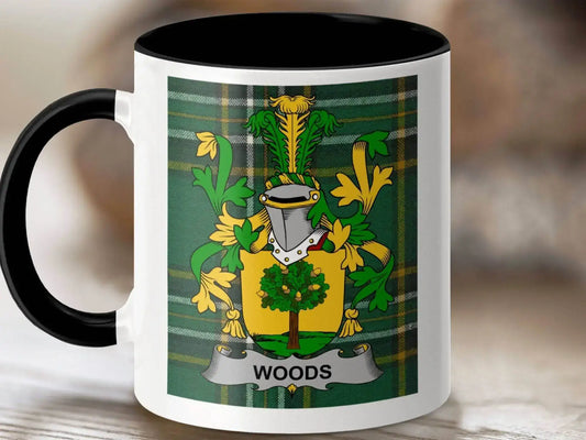 Woods Surname Family Crest Irish Tartan Mug - Celtic Ancestry Gifts
