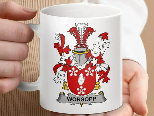 Worsopp Family Crest Coat of Arms Design Mug - Celtic Ancestry Gifts