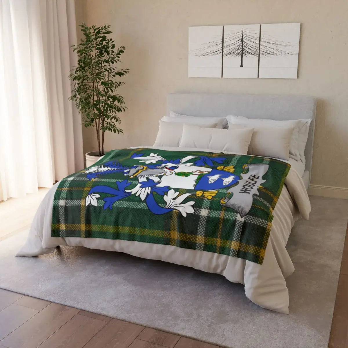 Cozy Plaid Green Blue Floral Pattern Decorative Blanket
